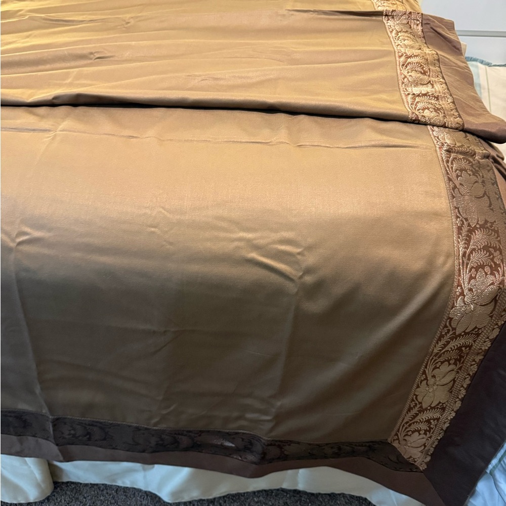Crate&Barrel Brown tablecloth with Gold Jacquard Border